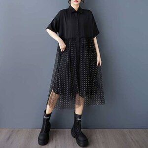 Mesh Rhinestone Patchwork Midi Shirt Dress